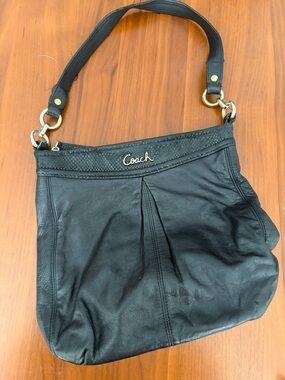 Coach Black Leather Pleated Shoulder Purse with Gold Logo
